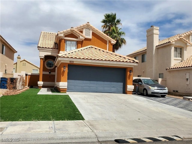 mediterranean / spanish-style house featuring a garage, driveway, a tiled roof, a front yard, and stucco siding