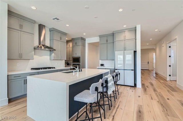 kitchen featuring visible vents, gray cabinetry, a sink, wall chimney range hood, and light wood finished floors