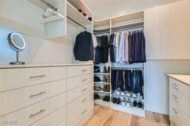 walk in closet with light wood-style flooring