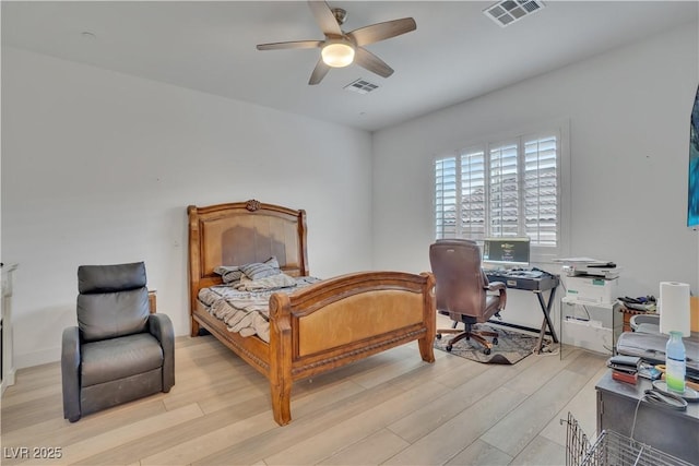 bedroom featuring light wood-style floors, visible vents, and ceiling fan