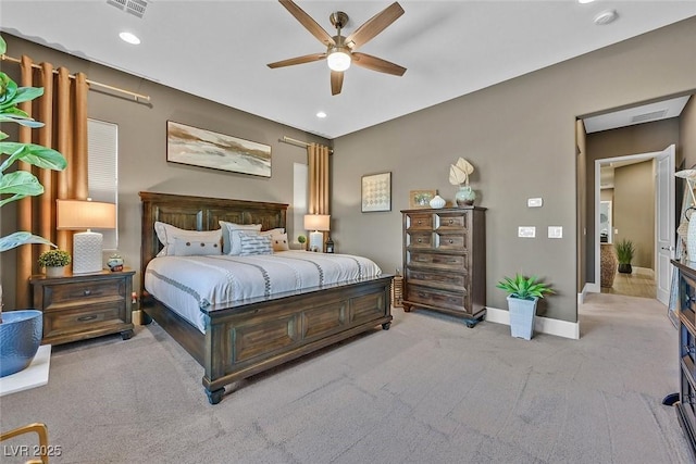 bedroom featuring ceiling fan, carpet floors, recessed lighting, and baseboards