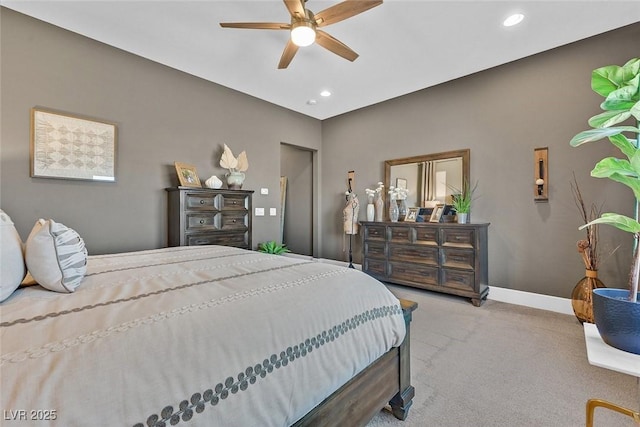 bedroom with carpet, baseboards, a ceiling fan, and recessed lighting