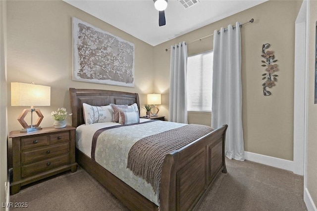 bedroom with carpet, visible vents, ceiling fan, and baseboards