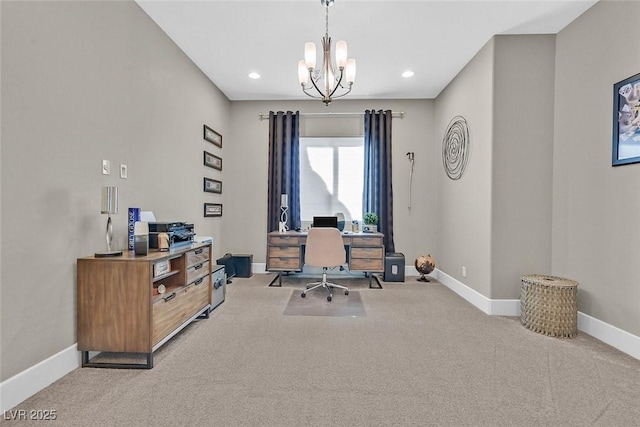 home office featuring a chandelier, recessed lighting, carpet, and baseboards