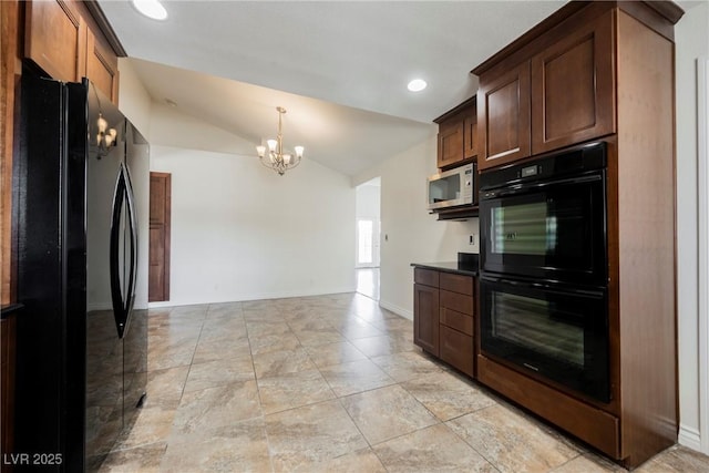 6284 Pinewood Ave, Las Vegas, NV 89103 - kitchen with lofted ceiling, dark countertops, black appliances, a chandelier, and baseboards