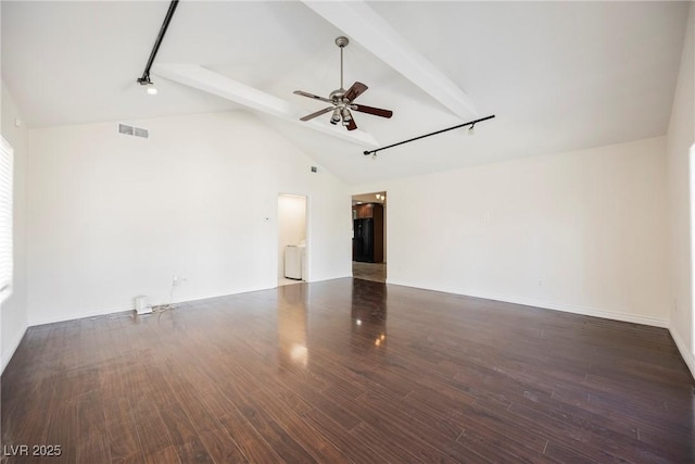 6284 Pinewood Ave, Las Vegas, NV 89103 - unfurnished living room featuring rail lighting, visible vents, a ceiling fan, wood finished floors, and beamed ceiling