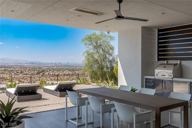 view of patio / terrace with visible vents, area for grilling, outdoor dining space, grilling area, and ceiling fan