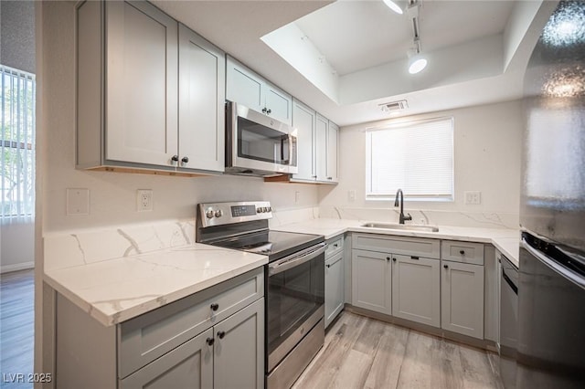 kitchen featuring stainless steel appliances, gray cabinets, visible vents, and a sink