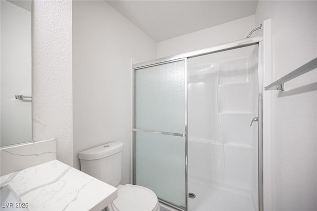 bathroom with toilet, a shower stall, and vanity