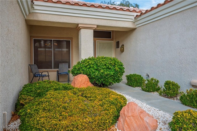 doorway to property with stucco siding and a tiled roof