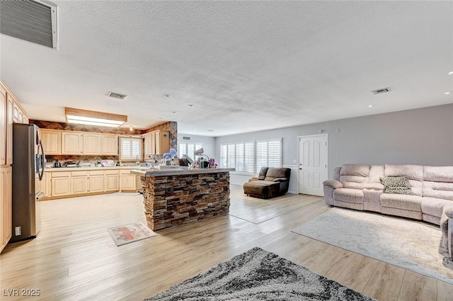 living room featuring light wood-type flooring, visible vents, and a textured ceiling