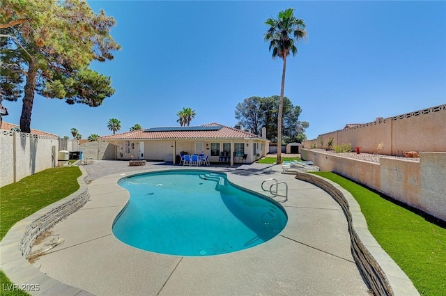 view of pool with a fenced backyard, a fenced in pool, and a patio