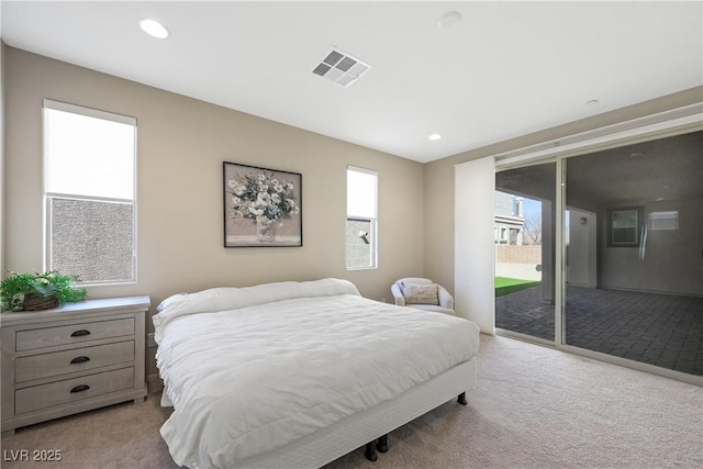 bedroom with access to outside, carpet, visible vents, and recessed lighting