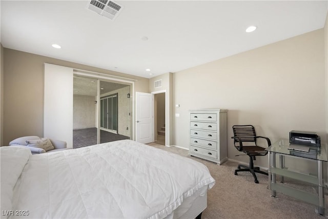 bedroom with carpet floors, recessed lighting, visible vents, and baseboards