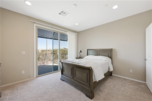 bedroom with light carpet, access to outside, visible vents, and baseboards