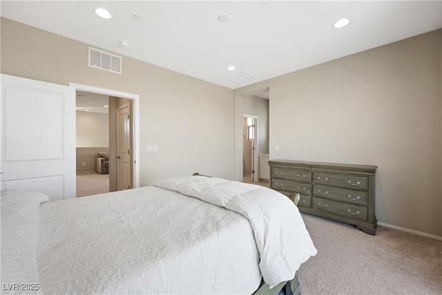 carpeted bedroom featuring baseboards, visible vents, and recessed lighting