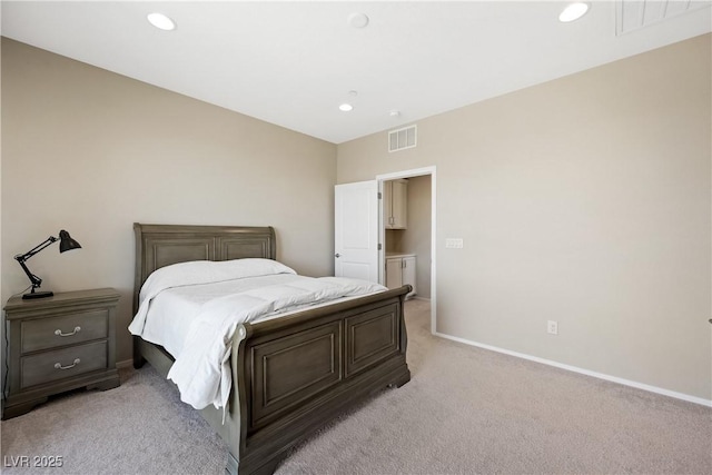 bedroom with recessed lighting, baseboards, visible vents, and light colored carpet