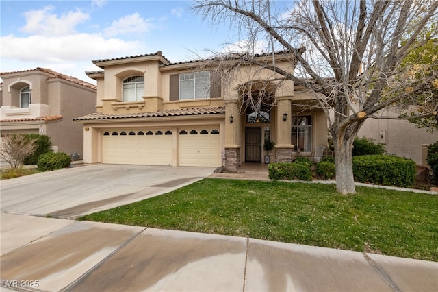 mediterranean / spanish home with stucco siding, an attached garage, driveway, a tiled roof, and a front lawn