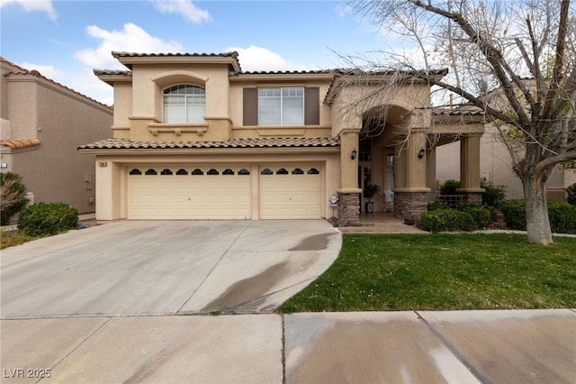 mediterranean / spanish-style house with an attached garage, concrete driveway, and stucco siding