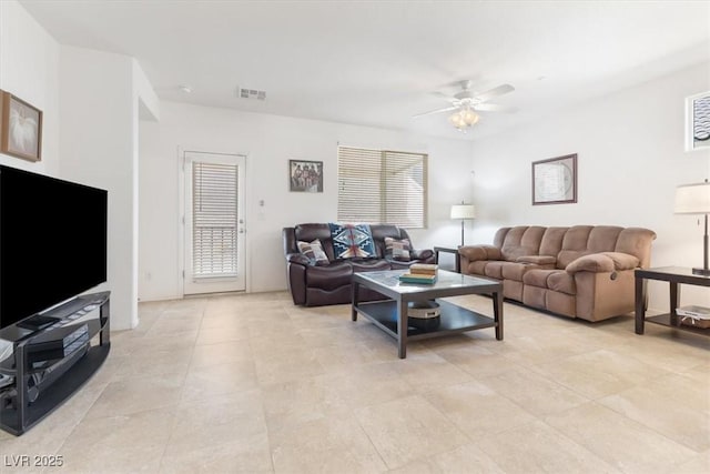 living area with visible vents and a ceiling fan