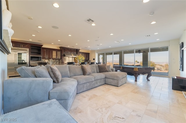 living area featuring billiards, visible vents, and recessed lighting