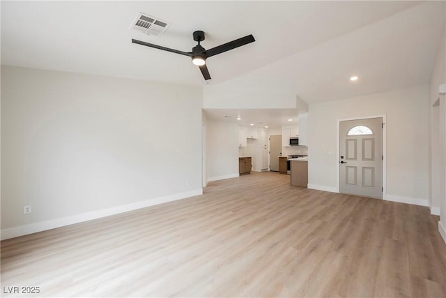 unfurnished living room with baseboards, visible vents, ceiling fan, light wood-type flooring, and recessed lighting