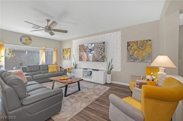 7177 W Camero Ave, Las Vegas, NV 89113 - living area with visible vents, wood finished floors, a ceiling fan, and baseboards