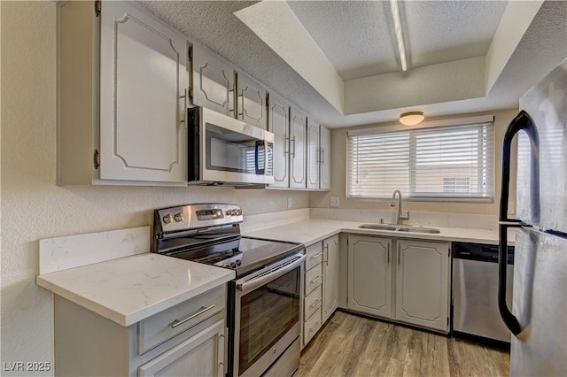 kitchen featuring appliances with stainless steel finishes, a sink, light wood finished floors, and gray cabinetry