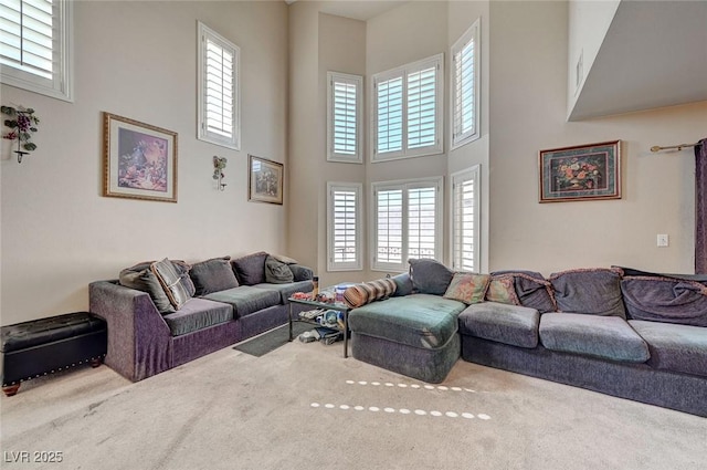 carpeted living area with a high ceiling