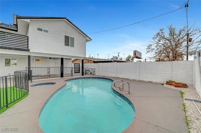 view of pool featuring a fenced backyard, a fenced in pool, and a patio