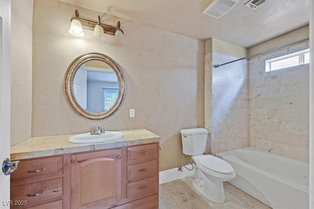 full bath with shower / tub combination, toilet, visible vents, vanity, and baseboards