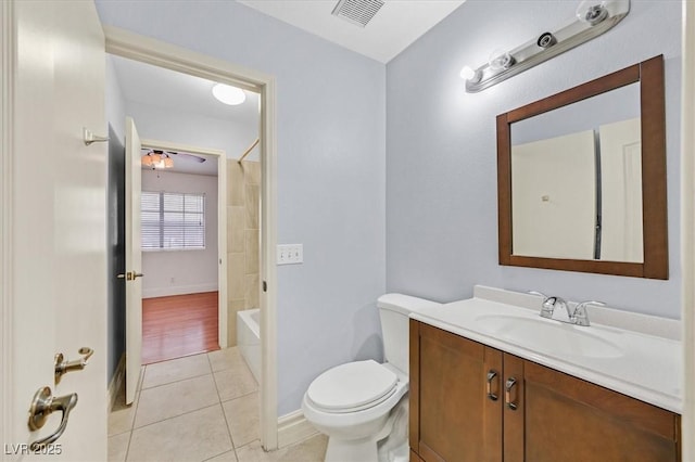 bathroom featuring toilet, vanity, baseboards, visible vents, and tile patterned floors