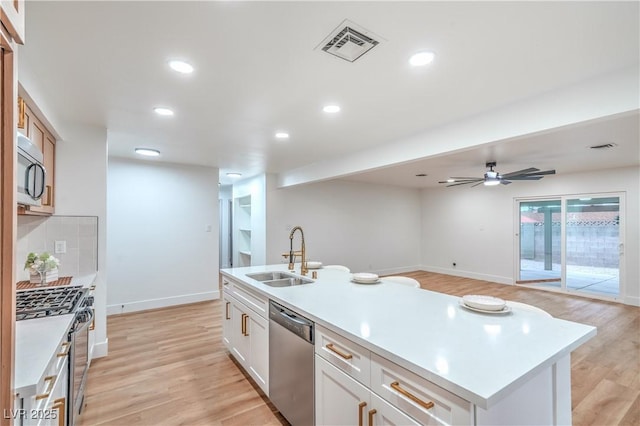 kitchen featuring stainless steel appliances, a sink, visible vents, light wood-type flooring, and backsplash