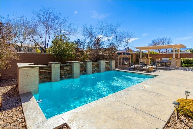 view of swimming pool with a fenced in pool, a patio area, a fenced backyard, and a pergola