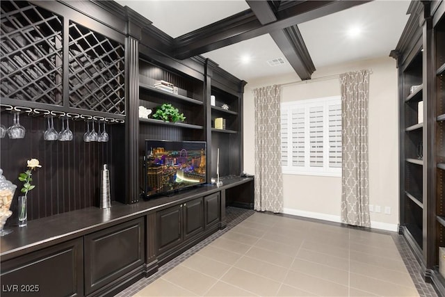 wine room featuring beam ceiling, visible vents, coffered ceiling, baseboards, and tile patterned floors