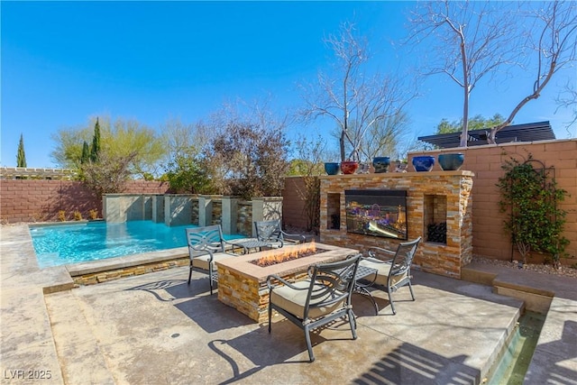 view of patio featuring a fenced in pool, an outdoor fire pit, and fence