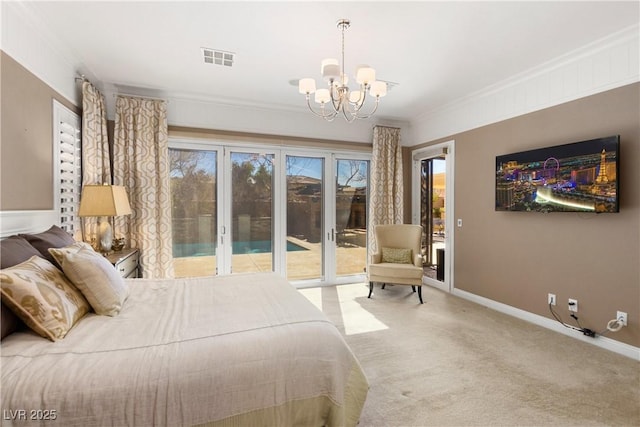 bedroom featuring access to exterior, carpet floors, crown molding, visible vents, and baseboards