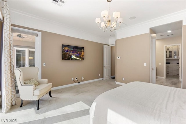 bedroom with light colored carpet, visible vents, baseboards, ornamental molding, and an inviting chandelier