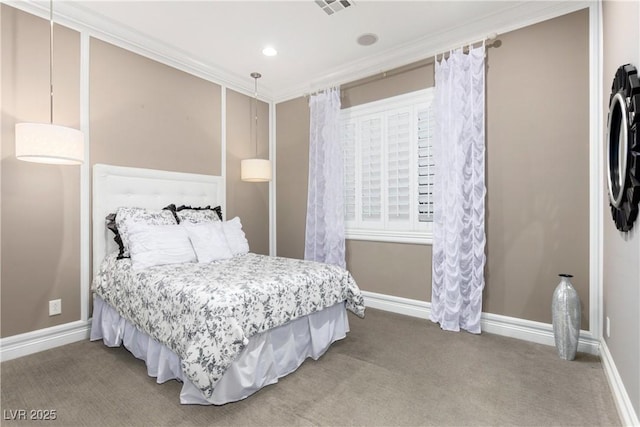 bedroom featuring carpet floors, crown molding, and baseboards