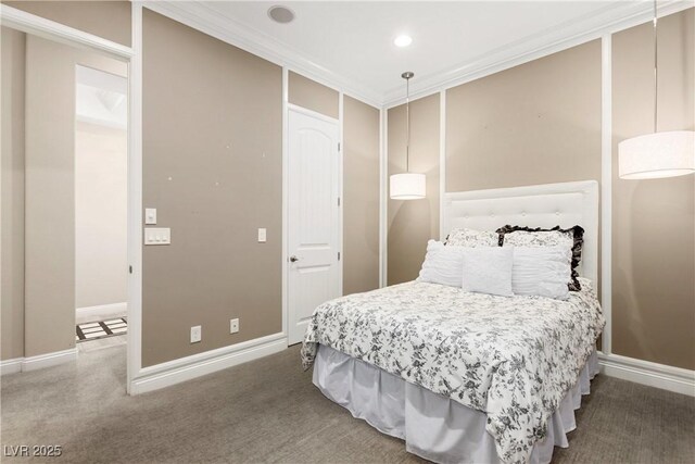 carpeted bedroom with baseboards, ornamental molding, and recessed lighting