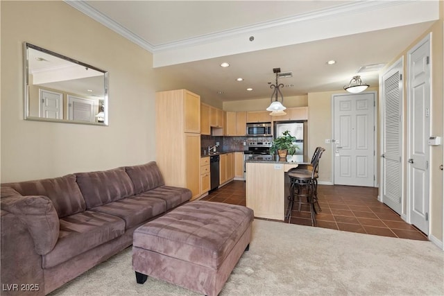 living room with recessed lighting, dark tile patterned flooring, baseboards, ornamental molding, and dark carpet