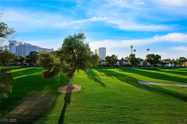 view of community with golf course view and a lawn