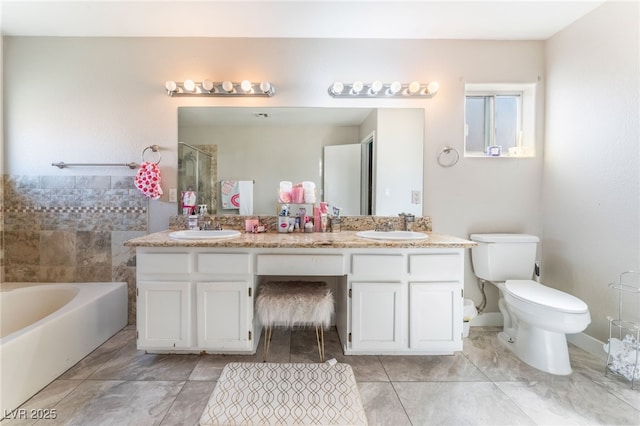 bathroom with double vanity, a stall shower, a sink, and toilet