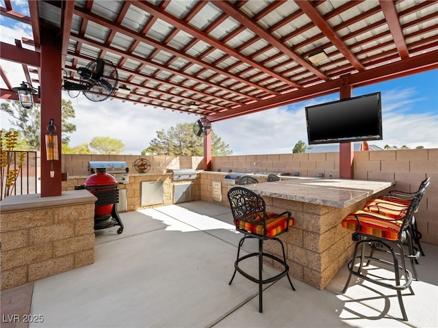 view of patio with grilling area, an outdoor kitchen, and a fenced backyard