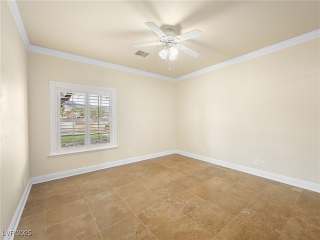 spare room with ornamental molding, baseboards, visible vents, and ceiling fan