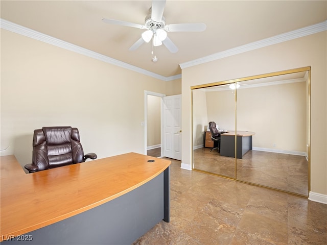 office featuring baseboards, ornamental molding, and a ceiling fan