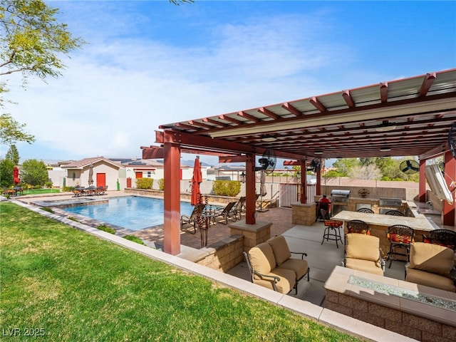 view of pool featuring outdoor dry bar, a pergola, a patio, outdoor lounge area, and a fenced in pool