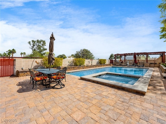 view of pool featuring outdoor dining space, a fenced backyard, and a pergola