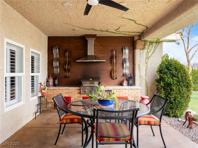 view of patio / terrace with ceiling fan, a grill, and outdoor dining space