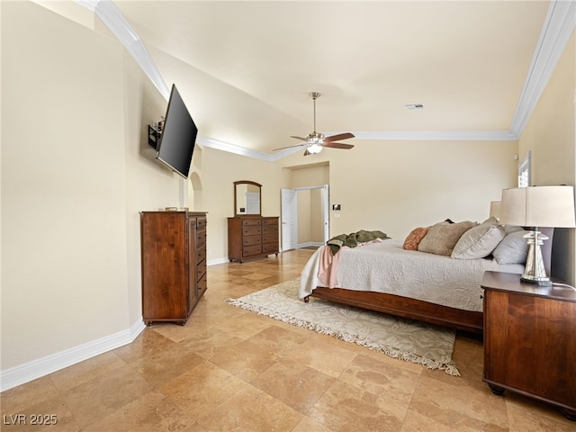 bedroom featuring visible vents, baseboards, lofted ceiling, and ornamental molding